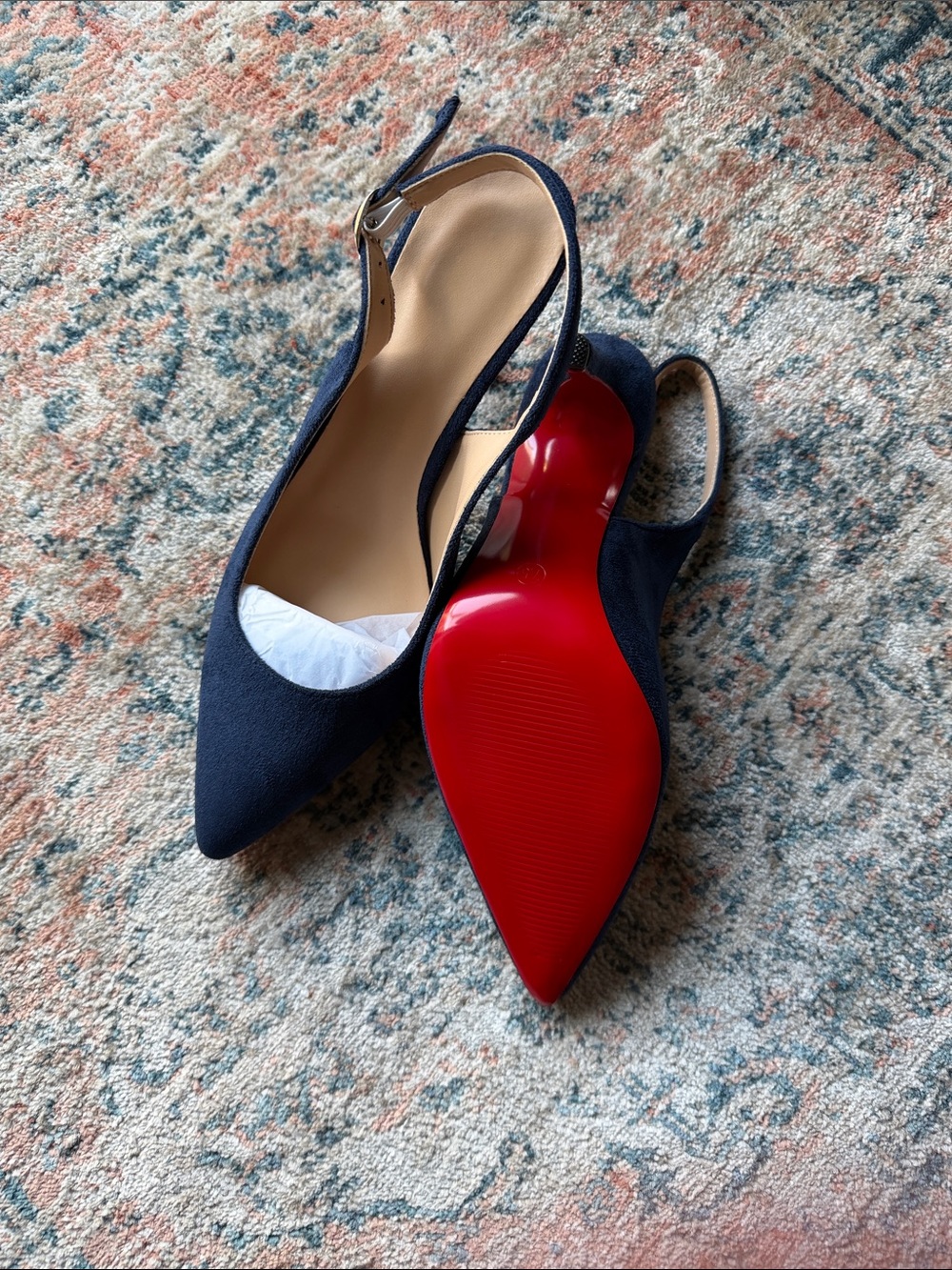 Women's Navy Pointed Slingback Heels with Red Sole